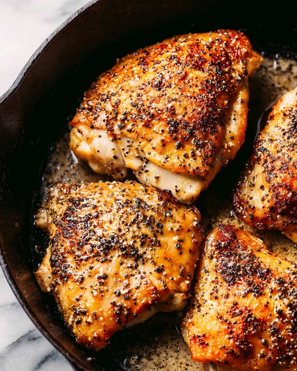 The image shows three golden-brown pieces of cooked chicken in a dark cast iron pan. Each piece is covered with small black seasoning flakes, giving them a textured look. The chicken has a slightly crispy surface, with a mix of light and dark brown shades indicating a well-cooked outer layer. The pan is placed on a white marbled surface, adding contrast to the warm tones of the chicken. photo taken with an iphone --ar 4:5 --v 7