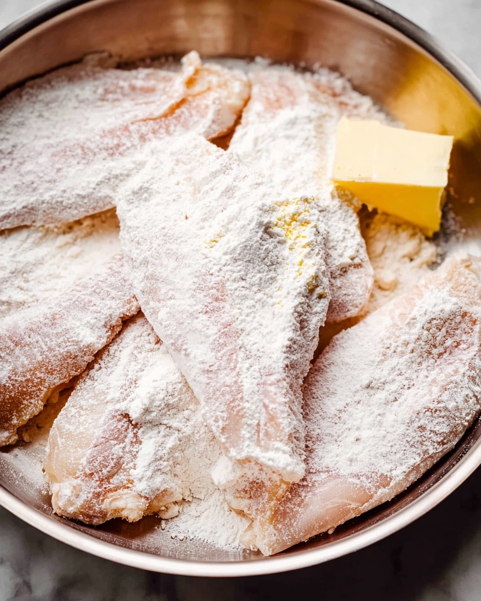 The image shows several pale pink raw fish fillets covered in a thick layer of white flour, placed inside a shiny metal pan. There is a yellow cube of butter resting against the fillets in the pan. The texture of the flour is powdery and unevenly spread over the fish. The pan's surface is smooth and shiny with a warm metal tone, contrasting with the flour-covered fish. The background is a white marbled texture. photo taken with an iphone --ar 4:5 --v 7