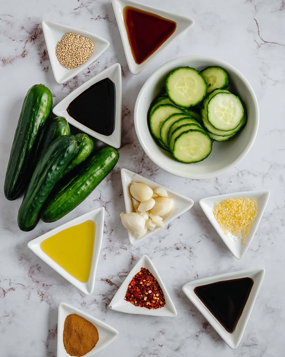 The image shows a group of fresh green cucumbers with smooth skin on a white marbled surface. To the right, a white bowl holds several round slices of bright green cucumber with visible seeds. Around them are small white triangular dishes holding different ingredients: peeled garlic cloves, dark brown soy sauce, light beige liquid, tan sesame seeds, red chili flakes, bright yellow grated ginger, white salt, and darker brown and lighter brown sauces. The items are neatly arranged in a loose circle on the white marbled texture photo taken with an iphone --ar 4:5 --v 7