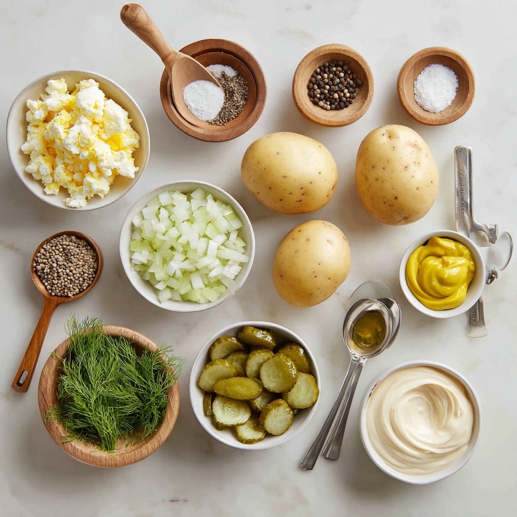 A white marbled surface holds multiple small bowls and measuring spoons with ingredients arranged around three whole yellow potatoes in the middle. Starting from the top left, there is a white bowl filled with chopped boiled eggs, a wooden bowl with coarse white salt and a small wooden spoon, and a wooden bowl with whole black peppercorns. To the bottom left of the potatoes is a white bowl with chopped white onions, a metal teaspoon with celery seeds, and a wooden bowl with bright green fresh dill sprigs at the bottom. To the right of the potatoes is a metal tablespoon holding bright yellow mustard, a white measuring cup filled with sliced dill pickles, and below that a small glass container with dark green pickle juice. On the bottom right is a white bowl with creamy pale mayo. Labels in bold black and white text identify each ingredient clearly. The whole setup is bright and clean with good natural light. Photo taken with an iphone --ar 4:5 --v 7