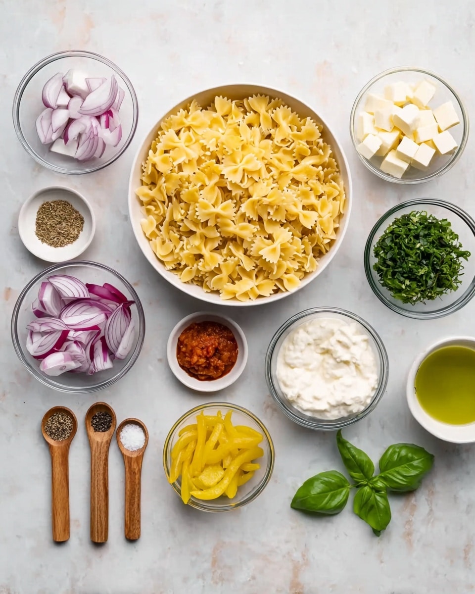 The image shows a top view of various ingredients arranged neatly on a white marbled surface. At the center top, there is a white bowl filled with uncooked farfalle pasta, yellow in color and shaped like small bows. Surrounding the pasta bowl, smaller white and glass bowls hold different items: sliced red onions in a white bowl on the left, chopped white cheese cubes in a white bowl on the right, chopped green herbs in a glass bowl on the left, a reddish chunky paste in a glass bowl nearby, creamy white sauce in a small white bowl, and yellow sliced pickled peppers in another white bowl. Below these bowls, there are small wooden spoons containing spices: one with salt, one with ground black pepper, and another with a light brown powder. Two fresh green basil leaves are placed in the bottom right corner. There are also small amounts of liquid ingredients in white bowls, including a light green juice and a darker brown liquid. Photo taken with an iphone --ar 4:5 --v 7