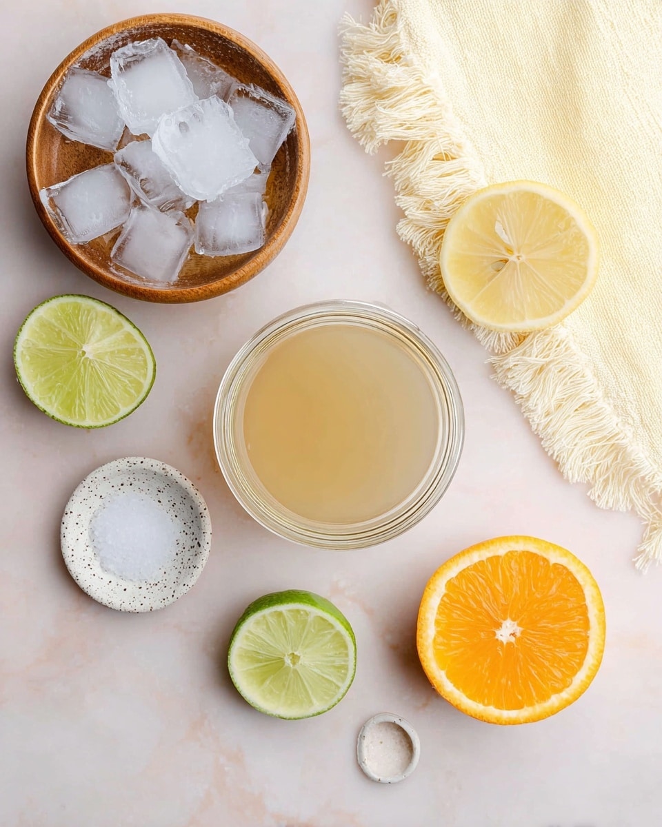 A top-down view of several ingredients arranged on a white marbled surface, featuring a small white speckled bowl filled with a light brown liquid on the right side, a glass jar centered filled with a pale yellow liquid, and a wooden bowl in the upper left corner holding clear ice cubes. Around the jar, there are halved citrus fruits: a bright yellow lemon half near the top right, a bright green lime half near the bottom left, and a vivid orange half near the bottom center. Below the small liquid bowl, a tiny white speckled dish contains a small amount of salt. A pale yellow cloth with fringed edges lies on the right border of the image. photo taken with an iphone --ar 4:5 --v 7