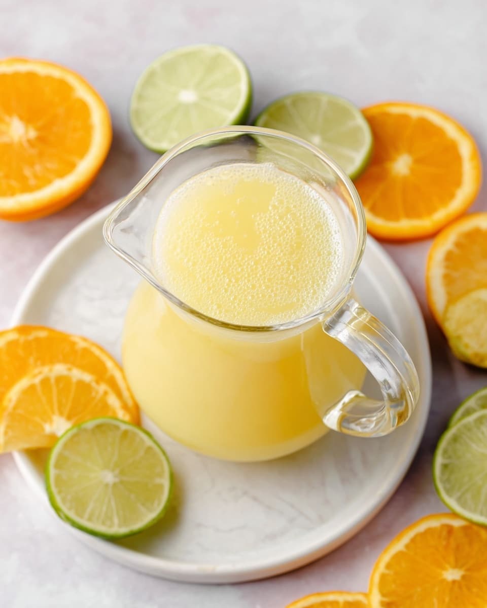 A clear glass pitcher filled with light yellow juice sits in the center on a white plate with subtle marble patterns. Surrounding the plate on a white marbled surface are half slices of bright orange, green lime, and yellow lemon, arranged loosely around the pitcher. The juice inside the pitcher has tiny pulp specks floating on the smooth surface, and the glass handle is visible on the right side. Photo taken with an iphone --ar 4:5 --v 7