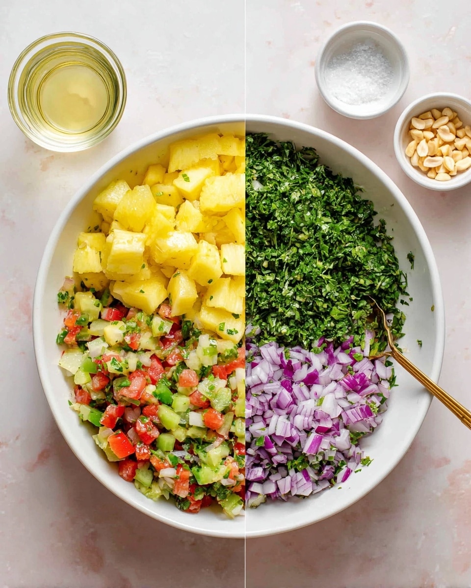 A white bowl on a white marbled surface holds diced ingredients arranged in six sections: bright yellow pineapple pieces in the top left, finely chopped green herbs filling the top right, small diced light green peppers in the center, finely chopped red tomato in the bottom right, and chopped purple onion in the bottom left. Next to the bowl are a small glass cup with light yellow liquid and two small white dishes, one with salt and another with peanuts. In the second image, the ingredients are mixed well inside the same white bowl with the green herbs coating the pineapple and tomato pieces, creating a colorful speckled salad with visible bits of purple onion, red tomato, and yellow pineapple, and a gold spoon resting in the bowl. Photo taken with an iphone --ar 4:5 --v 7