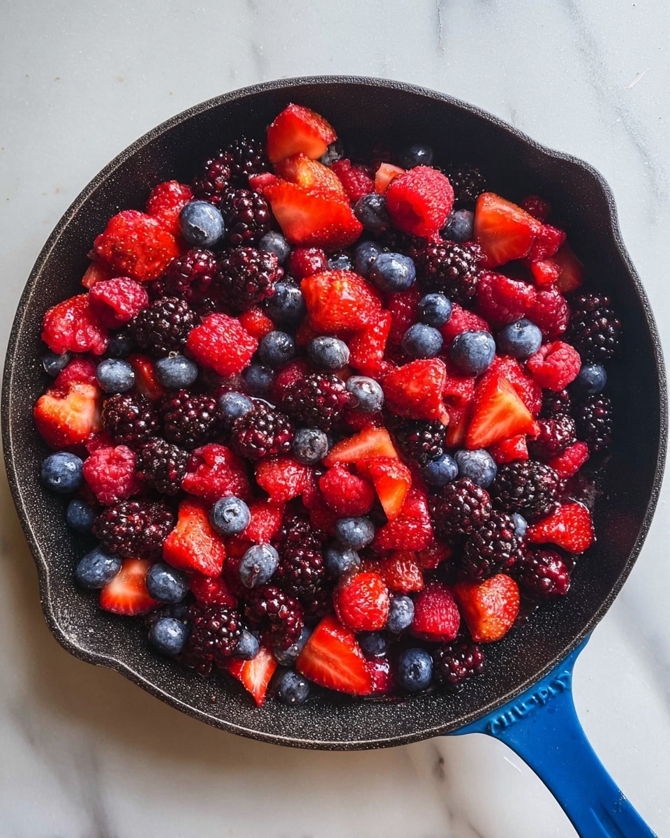 A close-up top view of a black cast iron pan filled with a colorful mix of fresh berries. The base layer shows small, deep blue blueberries scattered evenly. On top, there is a mix of bright red raspberries and halved strawberries with a juicy, slightly shiny texture. Layered throughout are larger, dark purple blackberries, adding depth and contrast. The pan sits on a white marbled surface, with the pan's blue handle visible on the right side. The mix looks fresh and vibrant, showcasing the rich colors and textures of each berry type photo taken with an iphone --ar 4:5 --v 7