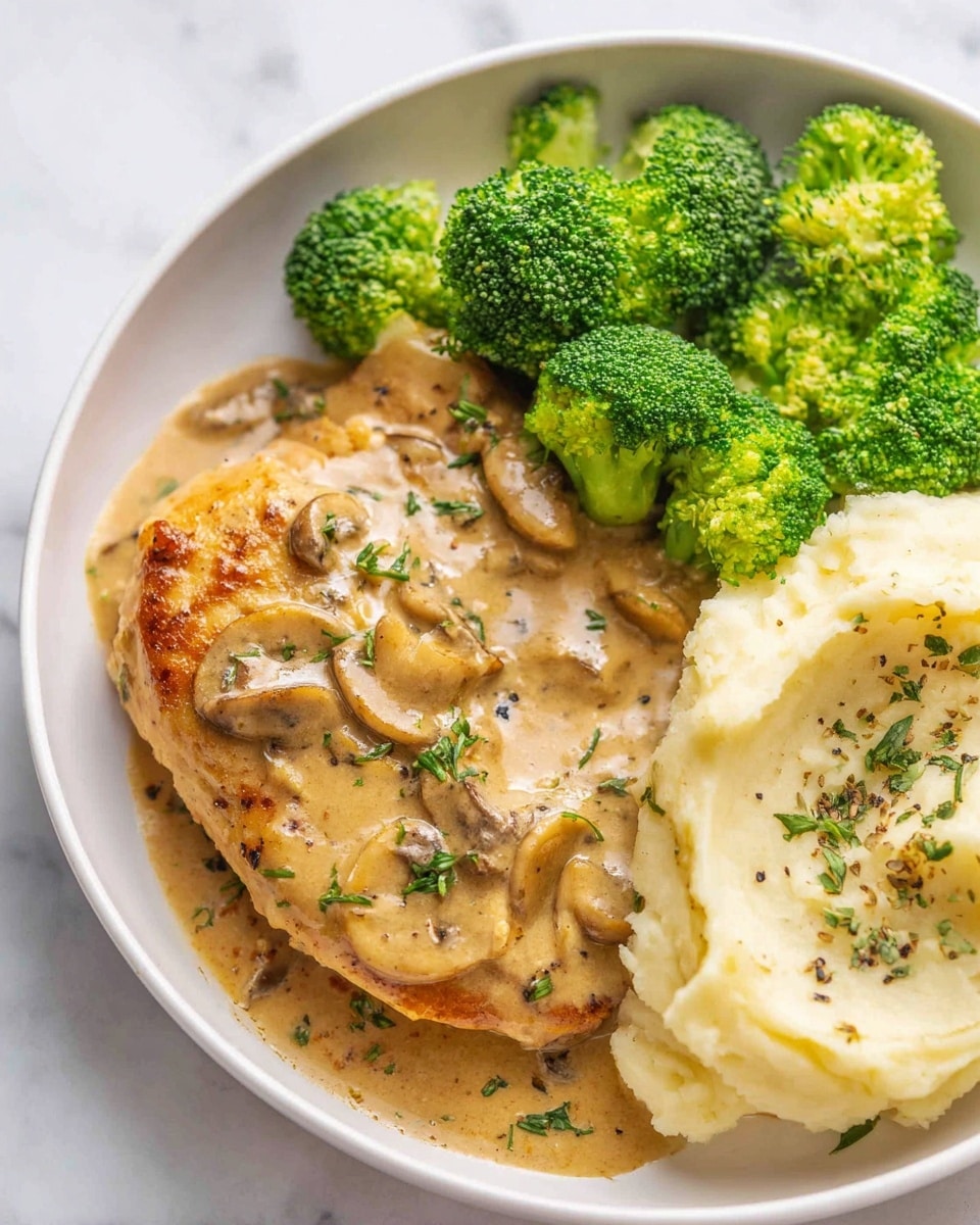 A white plate holds a meal with three main parts: bright green broccoli florets grouped at the top right, creamy mashed potatoes on the right side with a soft, smooth texture and sprinkled with black pepper and small green herbs, and a piece of golden-brown cooked chicken at the bottom left covered in a light brown creamy sauce that has small pieces of mushrooms and green herb garnishes. The plate sits on a white marbled surface. Photo taken with an iphone --ar 4:5 --v 7