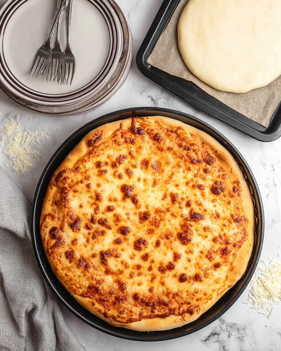 A baked cheese pizza sits in a black pan, showing a golden crust around the edges and a bubbly, browned cheese layer on top with some darker spots. To the upper right, there's a plain white dough round on a black tray with a piece of parchment paper under it. At the upper left, a stack of white plates with dark rims holds three silver forks. The scene is set on a white marbled surface with some cheese sprinkles scattered around. Photo taken with an iphone --ar 4:5 --v 7