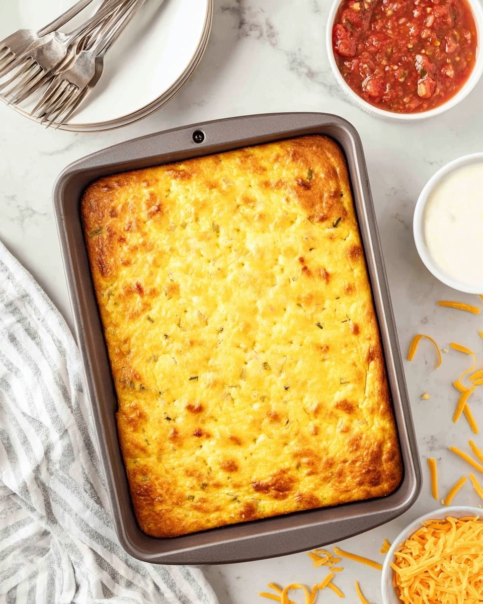 A rectangular baked dish fills a dark gray baking pan, with a smooth, golden-yellow top layer that has small visible chunks of vegetables spread evenly throughout. The edges are lightly browned, adding a subtle contrast to the soft and slightly textured surface. The pan is placed on a white marbled surface with scattered shredded orange cheese around it. Nearby, a white bowl filled with chunky red salsa and another white bowl with a white creamy sauce sit at the top right. At the top left, a stack of white plates with three silver forks rests partly inside the frame, and a white cloth with gray stripes lies at the bottom left. photo taken with an iphone --ar 4:5 --v 7