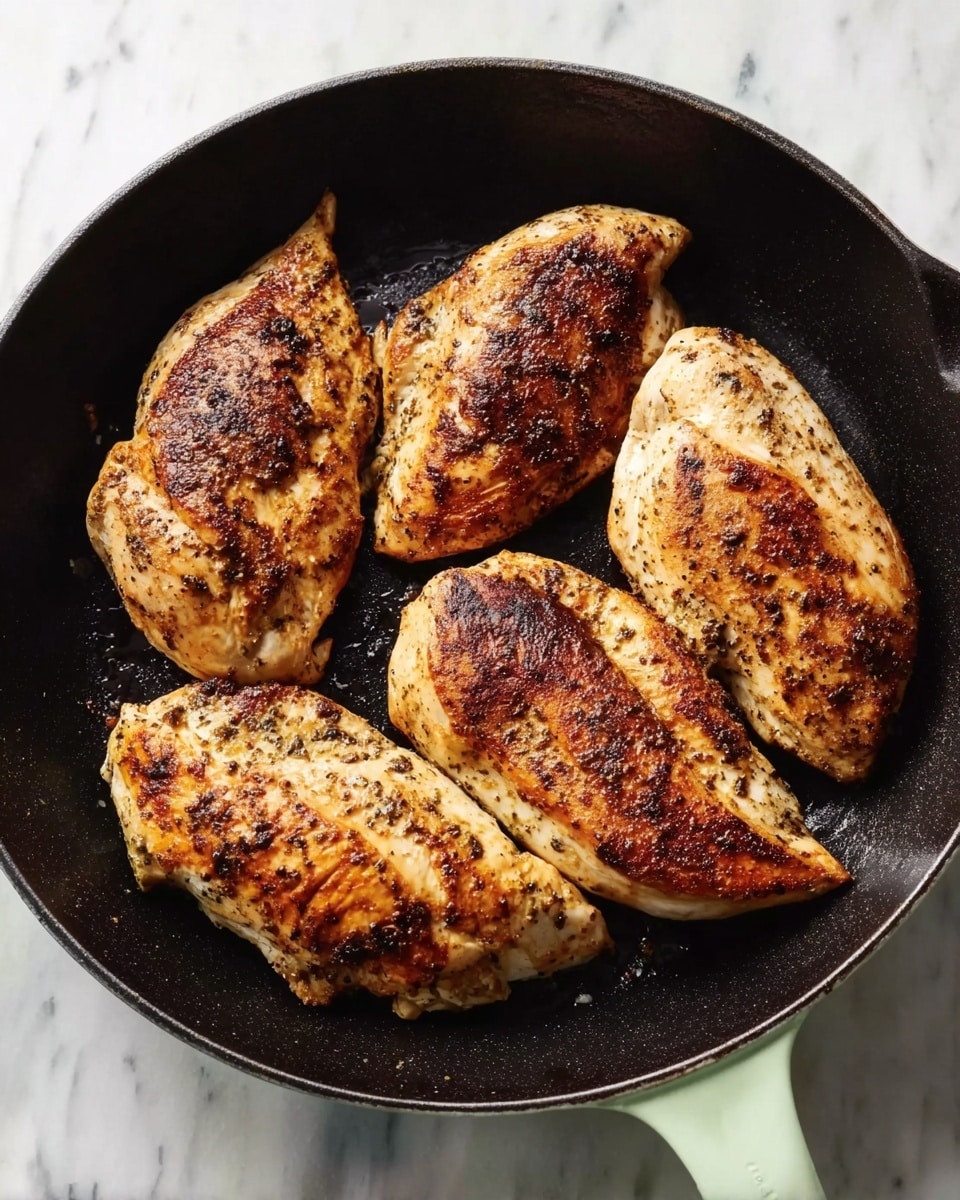 A black cast iron pan holds four cooked chicken breasts with browned, crispy skin showing a mix of golden and dark brown colors, each piece positioned close but not overlapping. The pan rests on a white marbled surface, and the chicken breasts display a textured, seasoned look with small blackened spots from cooking. The pan’s handle is light green. The lighting is natural, highlighting the texture and color contrast on the chicken. photo taken with an iphone --ar 4:5 --v 7