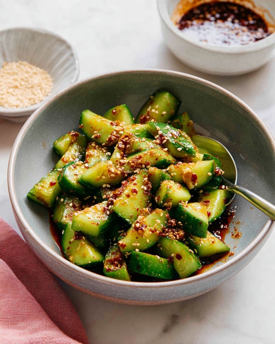 A grey bowl filled with chopped cucumber pieces mixed with a dark red-brown spicy sauce with visible bits of garlic or chili, sprinkled with small white sesame seeds, and a silver spoon resting inside; in the background on a white marbled surface, a white bowl with more of the dark spicy sauce is partly visible, and a small white bowl with sesame seeds is on the lower left side near a pink cloth; photo taken with an iphone --ar 4:5 --v 7
