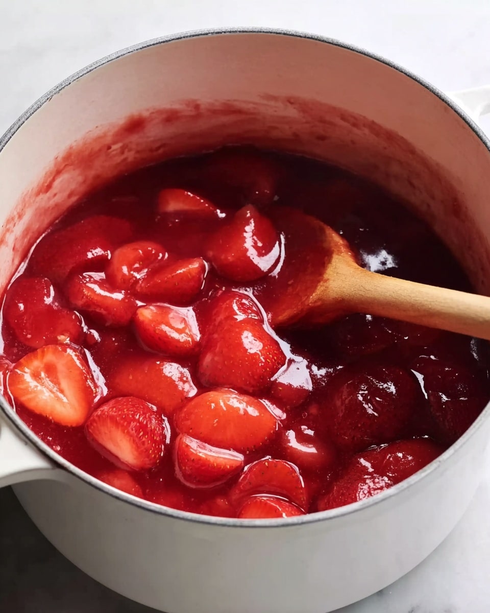 A white pot filled with bright red strawberry sauce that looks thick and shiny, with large pieces of sliced strawberries floating on top. A wooden spoon is partly dipped into the sauce on the right side of the pot, stirring the mixture. The pot sits on a white marbled surface, and the red sauce contrasts with the white pot and background. Photo taken with an iphone --ar 4:5 --v 7