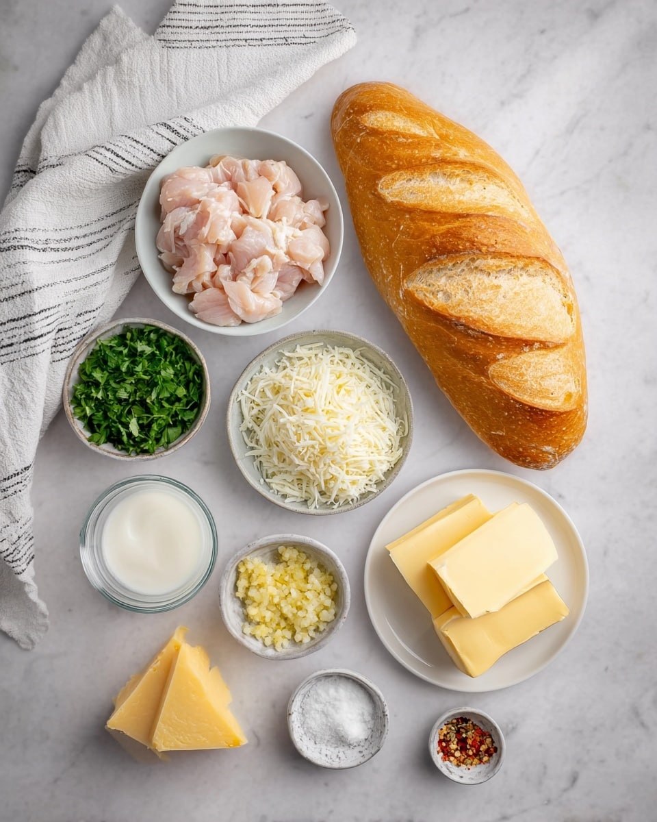 The image shows a collection of raw ingredients arranged on a white marbled surface. There is a medium loaf of crusty golden brown bread on the right, with three shallow cuts on top. To the left of the bread is a small white bowl filled with pale pink chopped raw chicken pieces, and below it a small silver bowl with fresh green parsley. Next to the parsley is a small white bowl filled with finely shredded white cheese and a glass container of white cream. To the lower left of the cream is a small patterned bowl of finely minced pale yellow garlic. Near the bottom middle, a round white plate holds three rectangular slabs of pale yellow butter. To the left of the butter is a wedge of hard pale yellow cheese. Finally, there are two tiny bowls below, one with fine white powder and the other with red chili flakes. There is a white and gray striped towel on the top left corner of the image. Photo taken with an iphone --ar 4:5 --v 7