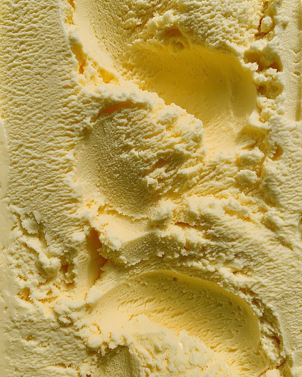 A close-up view of creamy yellow ice cream with a smooth but slightly grainy texture, showing soft ridges and small messy scoops all over the surface, no layers or other colors, resting on a white marbled surface photo taken with an iphone --ar 4:5 --v 7