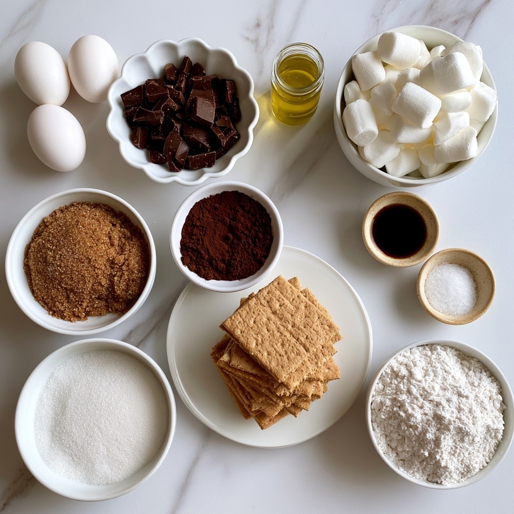A flat lay of baking ingredients arranged on a white marbled surface shows three white eggs positioned in the top left corner near a white scalloped bowl filled with dark brown chocolate pieces. Above the chocolate, to the right, is a small clear glass jar with yellow oil. Next to it is a white bowl filled with large white marshmallows. Below the marshmallows, on the right side, is a tiny beige bowl filled with dark brown vanilla extract, and next to it, a smaller beige bowl with white salt. Towards the bottom center, a white round plate holds a stack of light brown graham crackers. To the left of the crackers, there's a white bowl with brown sugar and above it another white bowl filled with dark brown cocoa powder. Below the cocoa powder, a larger white bowl contains white granulated sugar, and next to it, another white bowl holds white flour. Each element is clearly separated and well lit, photo taken with an iphone --ar 4:5 --v 7