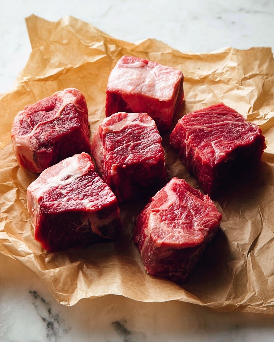 Six thick pieces of raw red meat with white marbling and fat, arranged in a loose cluster on wrinkled brown parchment paper. The meat chunks have a slightly shiny texture and are placed on a white marbled surface. The lighting is natural and bright, highlighting the rich red and pale pink colors of the meat. photo taken with an iphone --ar 4:5 --v 7