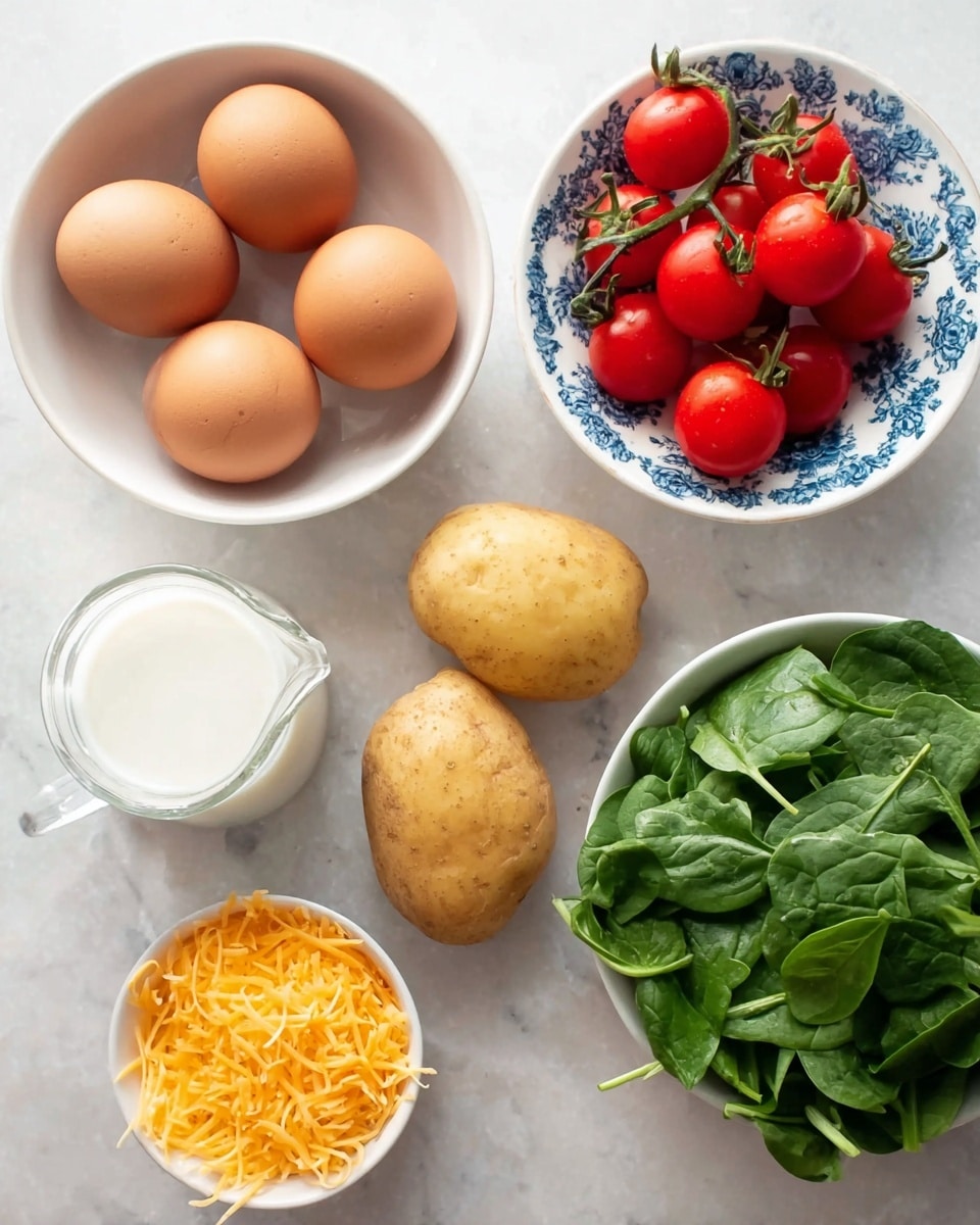 The image shows several fresh ingredients arranged on a white marbled surface. On the left, a white bowl holds six brown eggs with smooth shells. To the top right, a bowl with blue floral patterns is filled with red cherry tomatoes with green stems. Below the tomatoes, two whole light brown potatoes sit on the surface. Near the bottom right, a white bowl contains fresh green spinach leaves with visible veins. In the bottom left, a small white bowl is filled with shredded orange cheddar cheese, and next to it is a small glass jug filled with white liquid, likely milk or cream. photo taken with an iphone --ar 4:5 --v 7