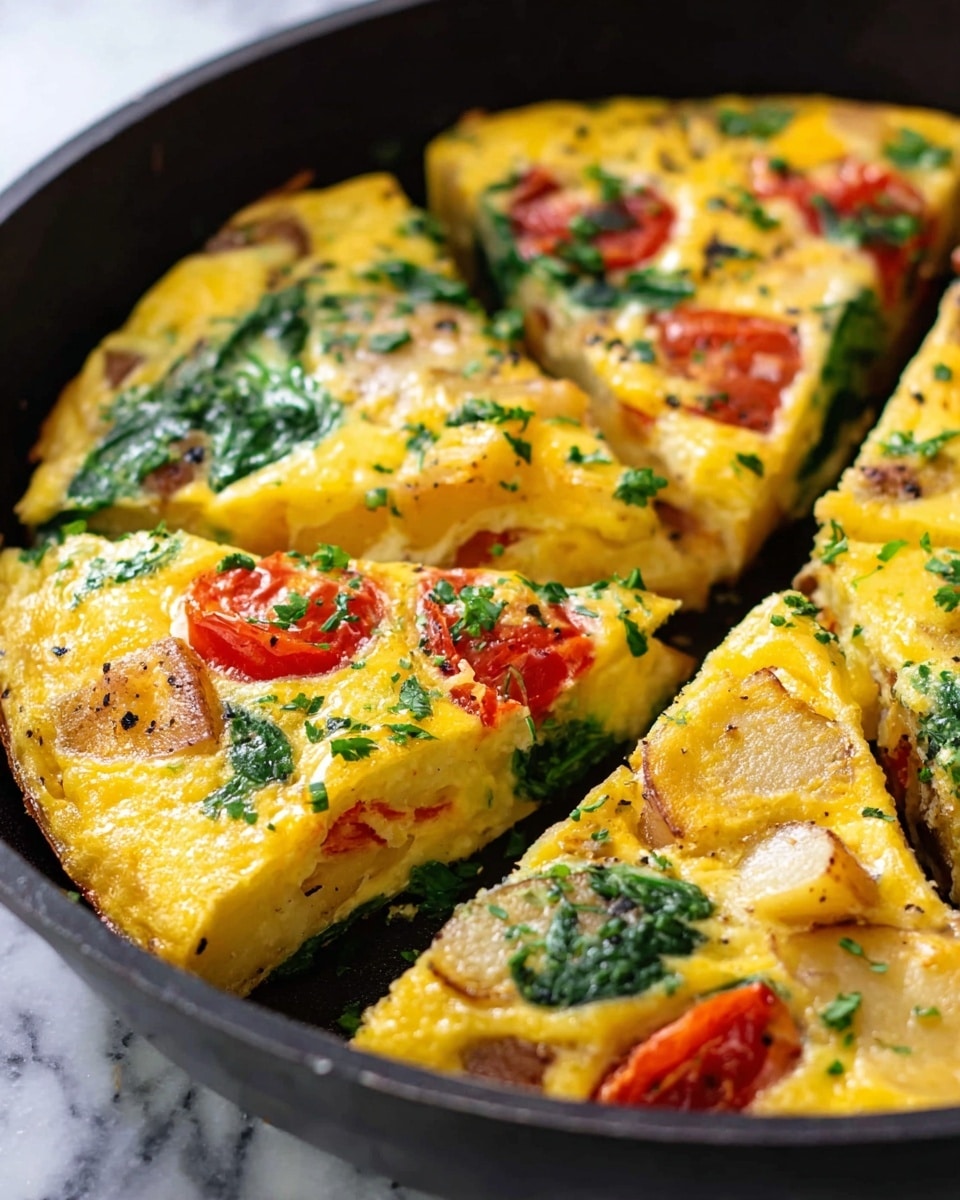 A round frittata with six slices in a black cast iron pan sits on a white marbled surface. The frittata has a bright yellow egg base layered with pieces of light brown cooked potatoes, red cherry tomatoes, and green spinach leaves spaced evenly on top. Chopped green herbs are sprinkled over the whole surface, adding a fresh touch. The texture looks soft and cooked fully, with hints of melted cheese visible under the herbs. Photo taken with an iphone --ar 4:5 --v 7