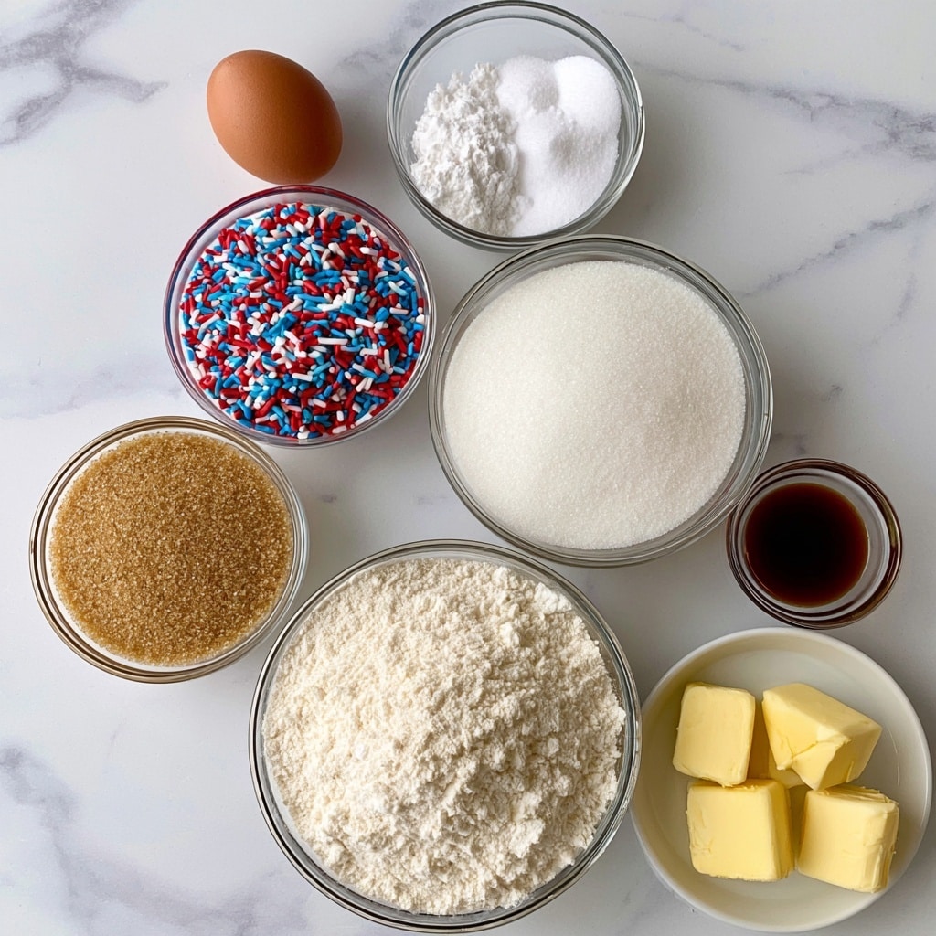 The image shows a white marbled surface with various baking ingredients neatly arranged. At the top left, there is a single brown egg. To its right, a clear glass bowl with white powder labeled as baking soda, salt, and baking powder. Below the egg, there is a bowl filled with red, white, and blue sprinkles. Next to it, a larger clear bowl contains white sugar. Below the sprinkles, a clear bowl is filled with light brown soft sugar, and to the right of it, a small glass bowl holds dark brown vanilla extract. A white plate on the bottom right holds yellow butter chunks. The bottom center has a larger glass bowl filled with white flour. The ingredients are clearly labeled and set in a clean, organized way, all on a white marbled background. photo taken with an iphone --ar 4:5 --v 7