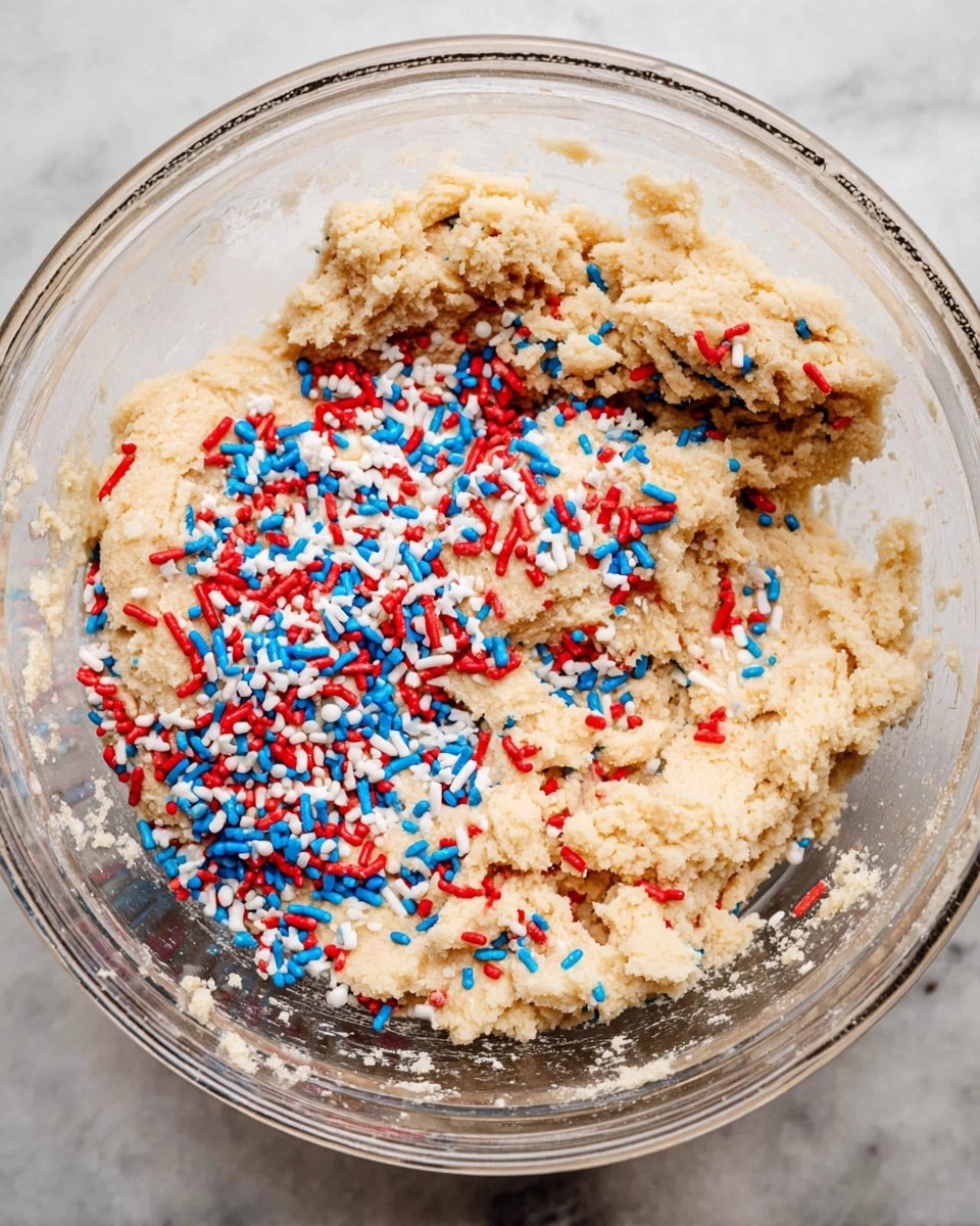A clear glass bowl holds a thick, creamy beige dough with a crumbly texture, filling most of the bowl. On top, there is a layer of colorful sprinkles in red, blue, and white with various shapes including small stars and sticks, scattered mainly on the right side of the dough. The bowl sits on a white marbled surface, visible slightly around the edges. photo taken with an iphone --ar 4:5 --v 7
