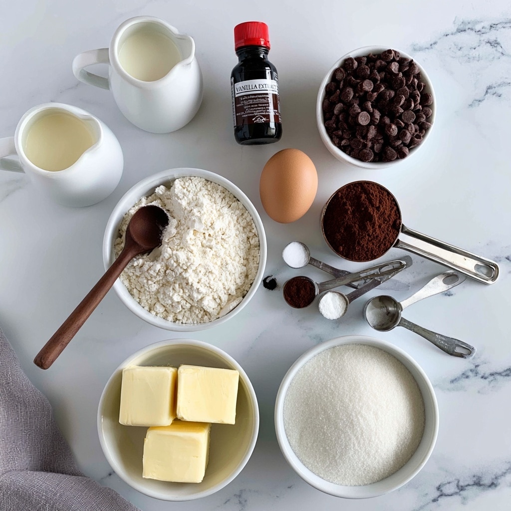 A top-down view of various baking ingredients arranged neatly on a white marbled surface. There are two white pitchers filled with cream and milk on the left, a black bottle with a red cap labeled vanilla extract near the center, and a small white bowl filled with dark brown chocolate chips at the top right. An egg is placed in the middle, surrounded by a white bowl of white flour with a brown wooden spoon, a half-cup measuring spoon filled with cocoa powder, and smaller metal measuring spoons with baking soda, espresso powder, and salt. At the bottom, a white bowl holds three cubes of pale yellow butter, and another white bowl filled with fine white sugar is beside it. The ingredients are spaced out clearly, and the whole setup is on a clean white marbled texture with a gray cloth in the bottom left corner. Photo taken with an iphone --ar 4:5 --v 7
