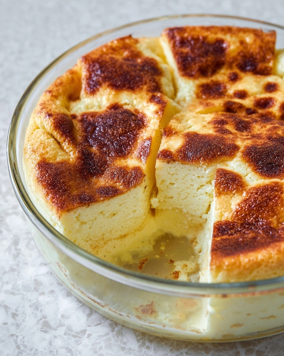 This image shows a baked dish in a clear round glass container on a white marbled surface. The dish has a thick layer with a creamy, pale yellow inside that looks soft and smooth. The top layer is golden brown with darker brown, toasted spots giving it a textured, slightly rough look. One large square piece has been cut and removed from the dish, revealing the even color and airy texture inside. The edges of the cut piece have a toasted, darker color matching the top. Photo taken with an iphone --ar 4:5 --v 7