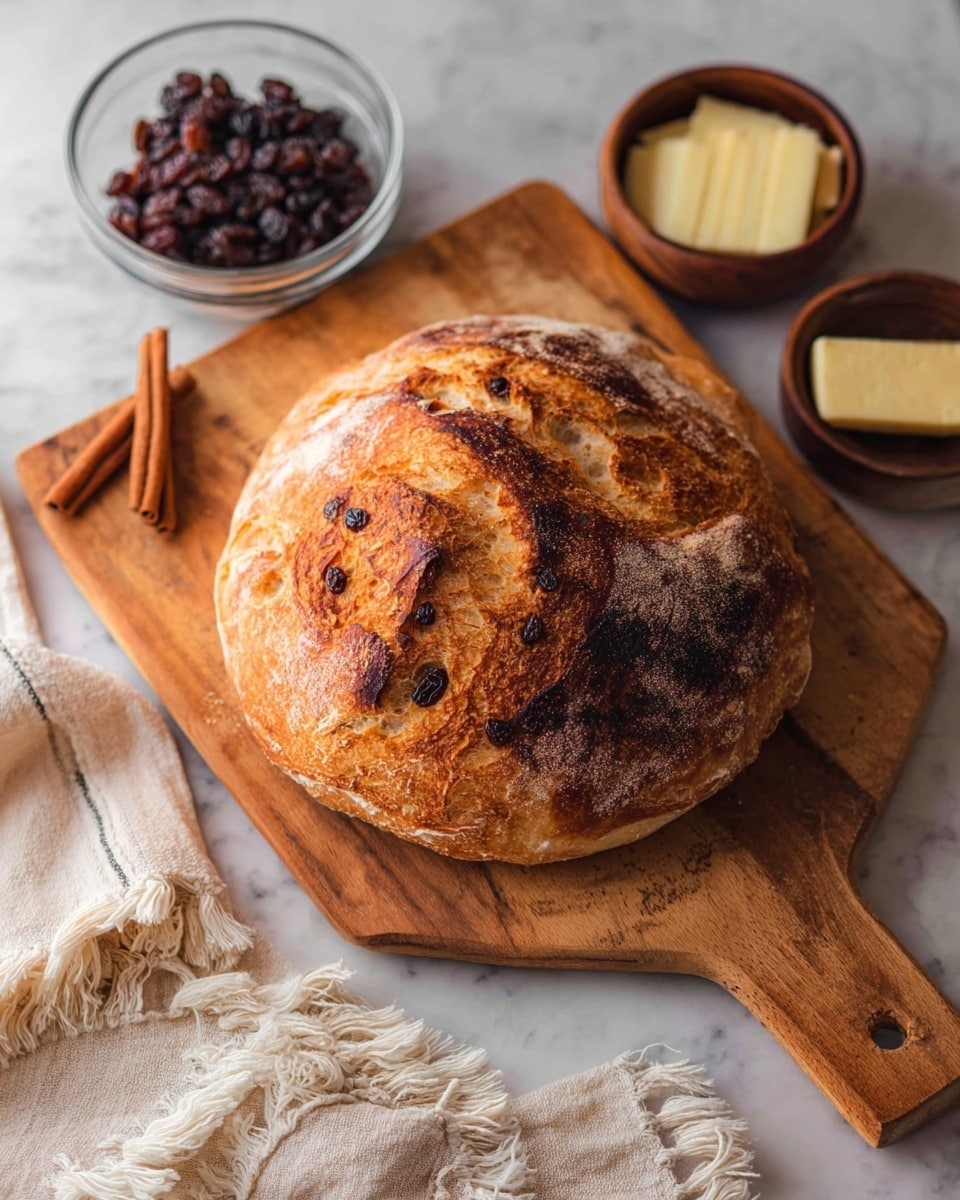 A round loaf of bread with a deep golden-brown crust and darker baked spots on top sits on a wooden cutting board with a handle on its right side, placed on a white marbled surface. The bread has visible air bubbles and a slightly rugged texture. To the top left of the bread is a clear glass bowl filled with dark brown raisins, and to the top right is a small brown bowl with light yellow butter. At the bottom left corner, two cinnamon sticks are partly visible. A white fringed cloth is softly folded in the bottom right corner. Photo taken with an iphone --ar 4:5 --v 7