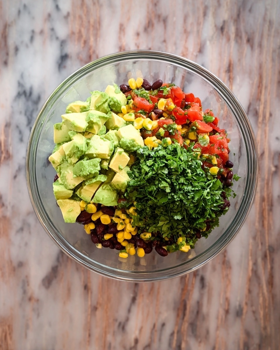 A clear glass bowl holds a mix of colorful salad layers, placed on a white marbled surface. The bottom layer consists of black beans and bright yellow corn kernels mixed with diced red tomatoes, providing a textured and vibrant base. On top of this, there are chunks of green avocado on the left side and a pile of finely chopped fresh green herbs, likely cilantro, on the right side. The ingredients are fresh and rich in color, showing a mix of soft, juicy, and crisp textures all in one bowl. Photo taken with an iphone --ar 4:5 --v 7