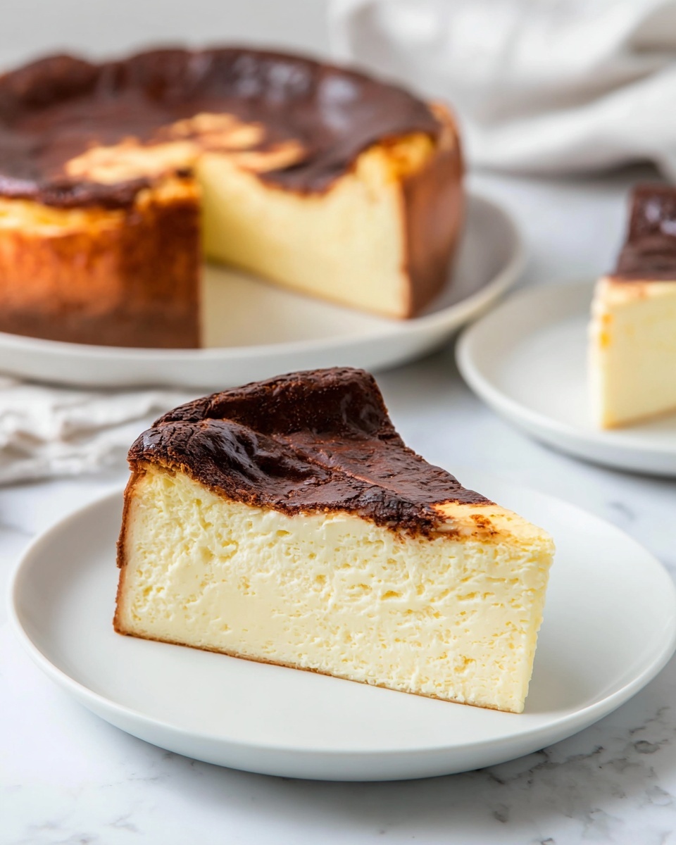 A close-up of a round cheesecake with a thick, dark brown crust forming the outer layer, showing a rough texture and slightly cracked edges. Inside, the creamy yellow cheesecake layer is smooth with a light golden brown top that looks slightly charred but soft. One slice is lifted slightly, showing the cheesecake’s dense, moist interior. The cheesecake is on a white plate on a white marbled surface, with a silver fork and stacked white plates blurred in the background. Photo taken with an iphone --ar 4:5 --v 7