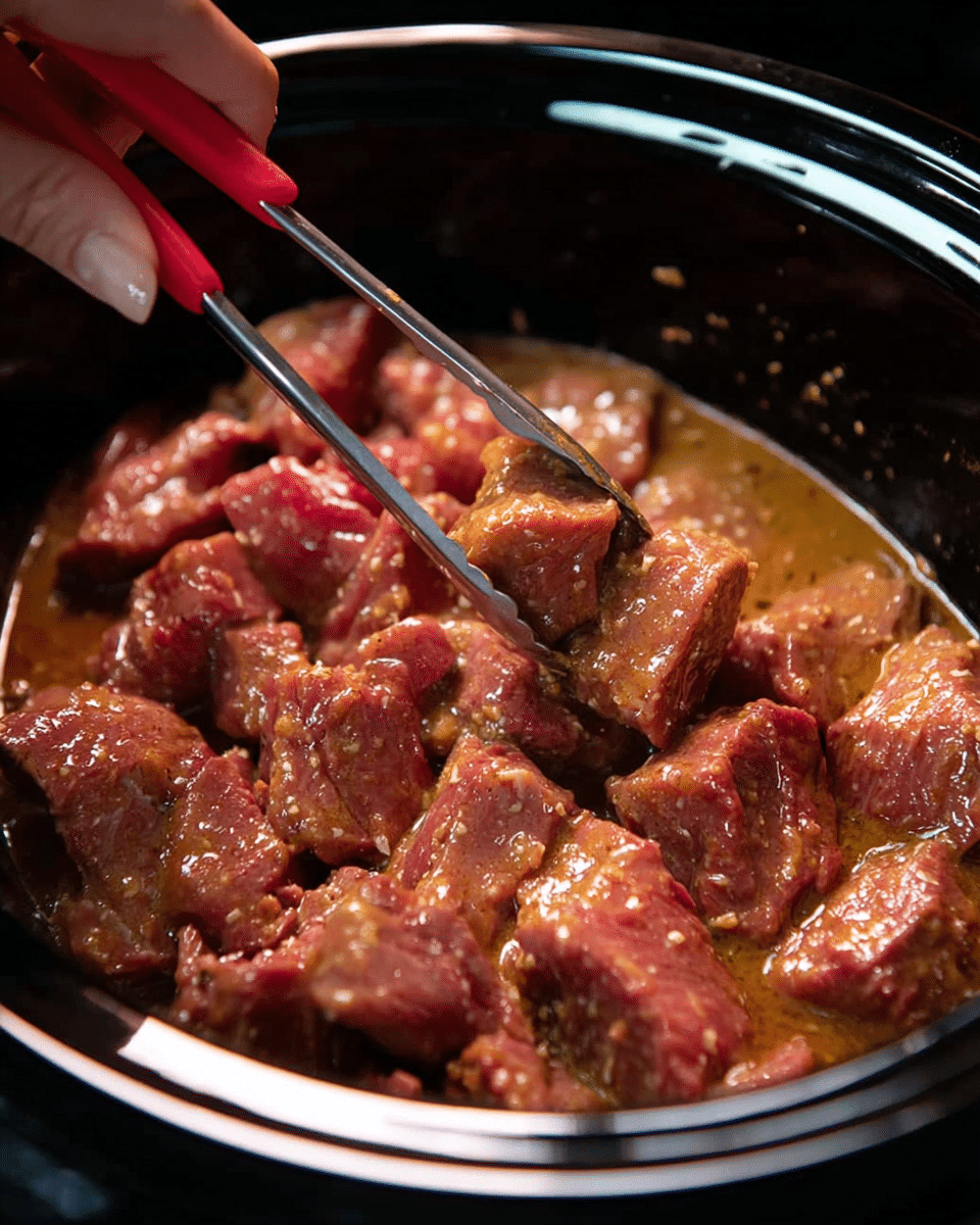 A close-up of a black slow cooker filled with many pieces of raw reddish meat coated in a light brown sauce. A woman's hand is holding silver and red tongs, lifting some meat pieces in the upper right part of the cooker. The meat looks tender and moist, with the sauce pooling at the bottom, giving a shiny texture. The image focuses closely on the meat and the action of stirring, with the black cooker creating a dark contrast to the reddish tones of the meat and light sauce. photo taken with an iphone --ar 4:5 --v 7