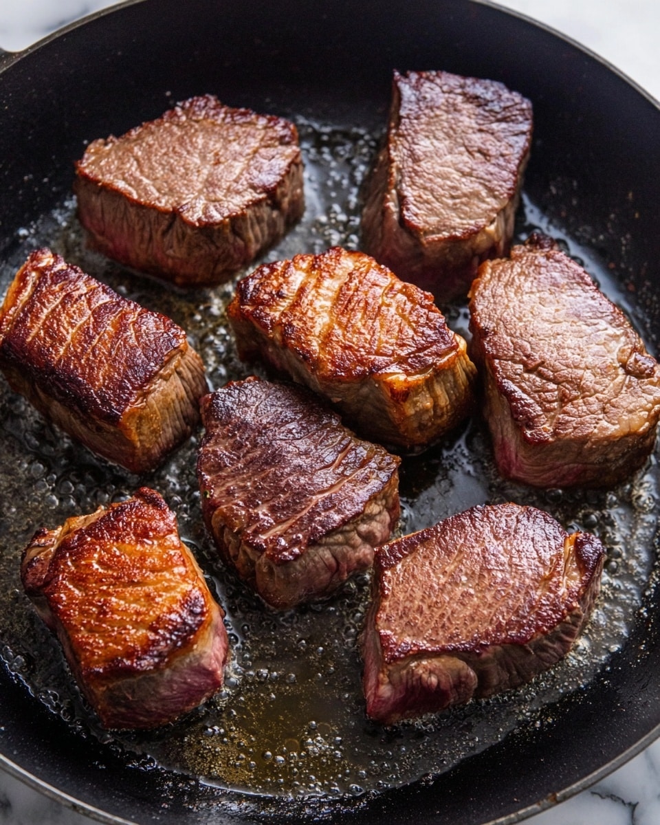 The image shows eight pieces of thick, brown, seared meat cooking in a black pan with oil. Each piece has a rich, crispy surface with a slight char and visible grill marks. The meat pieces are rectangular and arranged close to each other, with some showing a gradient from browned outside to a pinkish inside. The oil in the pan has small bubbles, showing the meat is frying. The background is a white marbled texture. Photo taken with an iphone --ar 4:5 --v 7