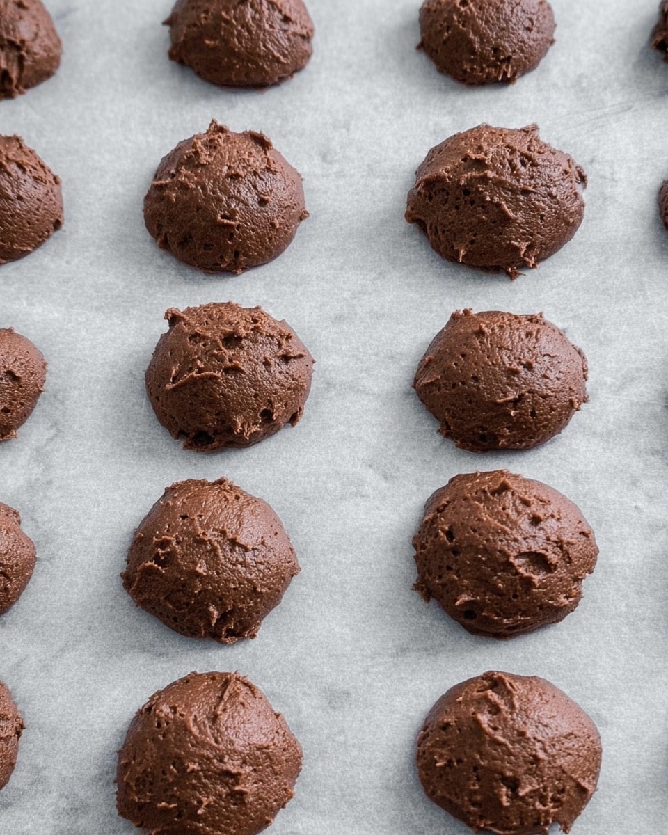The image shows multiple round dollops of dark brown chocolate dough placed in rows on a light gray baking paper. Each dough mound has a slightly rough texture with soft peaks and small irregularities on the surface, spaced evenly apart on the paper. The background is a white marbled texture. photo taken with an iphone --ar 4:5 --v 7
