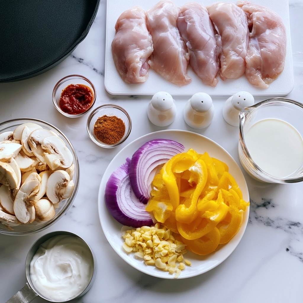The image shows several ingredients arranged on a white marbled surface. In the top left corner, there is a black skillet. Below the skillet, there is a clear glass bowl filled with sliced mushrooms that are creamy white with light brown edges. To the right of the mushrooms, there are two small clear glass bowls containing red spices, one with a paste and the other with powdered spice. Next to those, a white plate holds three groups of sliced vegetables: purple onion slices on the left, bright yellow bell pepper slices on the bottom right, and small chopped pale yellow garlic pieces on the top right. Above the plate, a white plastic cutting board has five raw pieces of pale pink chicken with smooth textures. To the right of the plate, a clear glass measuring cup holds a white creamy liquid. A pair of white salt and pepper shakers is placed between the plate and the cutting board. The bottom left corner has a metal measuring cup filled with white sour cream or yogurt. The overall scene looks clean and ready for cooking, photo taken with an iphone --ar 4:5 --v 7