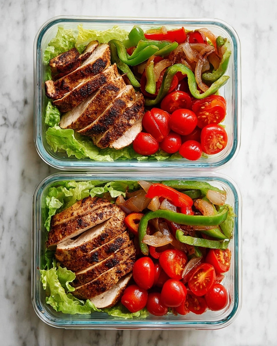 Two rectangular clear glass containers are placed on a white marbled surface. Each container has three main layers: the bottom layer is fresh, bright green lettuce leaves, the middle layer consists of grilled chicken slices with a brown, slightly charred texture, and the top layer includes halved, vibrant red cherry tomatoes on one side and cooked bell peppers and onions in shades of green, red, and light brown on the other side. The vegetables look soft but still hold their shape. The containers are viewed from above, showing the neat separation of each ingredient in clean layers. photo taken with an iphone --ar 4:5 --v 7