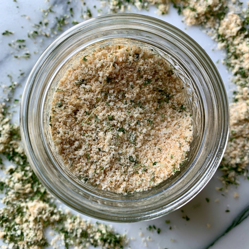 A clear glass jar viewed from above filled with a dry mix of light beige powder combined with small green herb flakes. Around the jar, some of the mix is scattered on a white marbled surface. The texture looks finely ground with small leafy pieces mixed throughout. The jar's inside shows a patterned design near the rim, with the mixture sitting evenly inside. Photo taken with an iphone --ar 4:5 --v 7