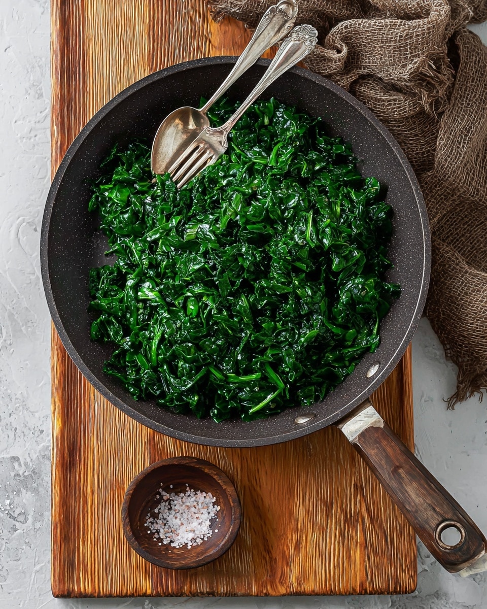 Inside a deep dark gray frying pan with a metal and black handle, there is a single thick layer of finely chopped cooked dark green spinach spread flat across the whole pan. The pan rests on a light brown bamboo cutting board with black handles, placed on a white marbled textured surface. Next to the pan, on the left side, there is a small round wooden bowl filled with coarse salt, with some grains spilled on the cutting board. A piece of brown cloth lies near the top edge of the pan. Photo taken with an iphone --ar 4:5 --v 7