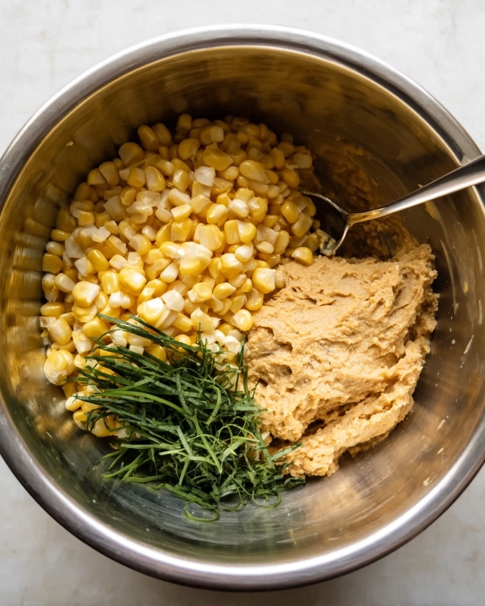The image shows a close-up of a shiny stainless steel bowl with three main layers inside. On the left side, there is a layer of yellow corn kernels with a smooth, slightly wet texture. Next to this, in the middle, is a small pile of thinly sliced green herbs that add a fresh green color and some texture. On the right side, there is a thick light brown mixture with a grainy texture that looks creamy and dense. A silver spoon rests inside the bowl near the corn. The bowl is placed on a white marbled surface. Photo taken with an iphone --ar 4:5 --v 7