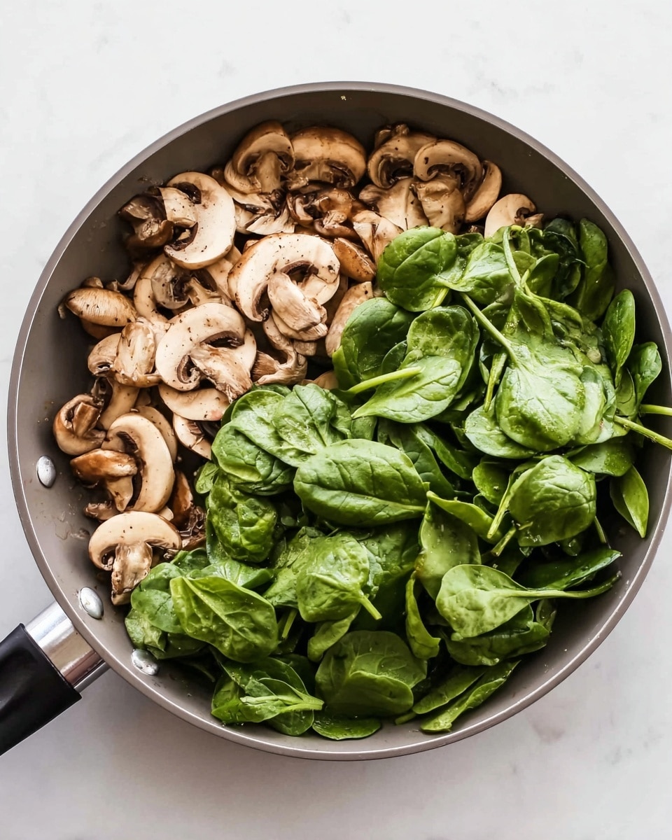 A grey frying pan filled with two main layers: on the left side, there is a layer of sliced brown mushrooms showing their cream-colored insides, and on the right side, fresh bright green spinach leaves resting loosely. The pan has a black handle on the left and is placed on a white marbled surface. The mushrooms have a slightly shiny texture, while the spinach looks fresh and crisp. photo taken with an iphone --ar 4:5 --v 7