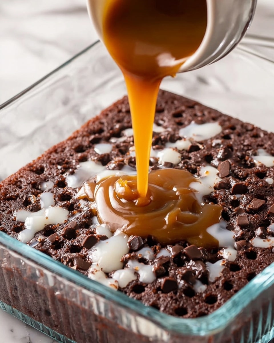 The image shows a close-up view of a chocolate dessert in a clear glass square dish. The dessert has a dark brown cake layer with many small holes on the top surface. A caramel sauce with a smooth and shiny texture is being poured from a bottle onto the center of the cake, filling some of the holes and spreading across the surface. White creamy spots are visible around the caramel, contrasting with the dark brown cake. The dish is placed on a white marbled surface. photo taken with an iphone --ar 4:5 --v 7