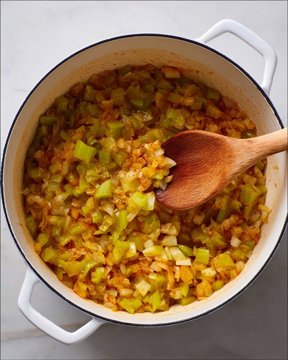 A white cooking pot filled with a mixture of diced onions and celery, finely chopped and cooked until soft with a slightly translucent look. The ingredients have a light orange tint, likely from spices, giving a warm color contrast to the green celery pieces. A wooden spoon rests inside the pot, partially covered by the mixture, showing wood grain texture. The pot sits on a white marbled surface. photo taken with an iphone --ar 4:5 --v 7