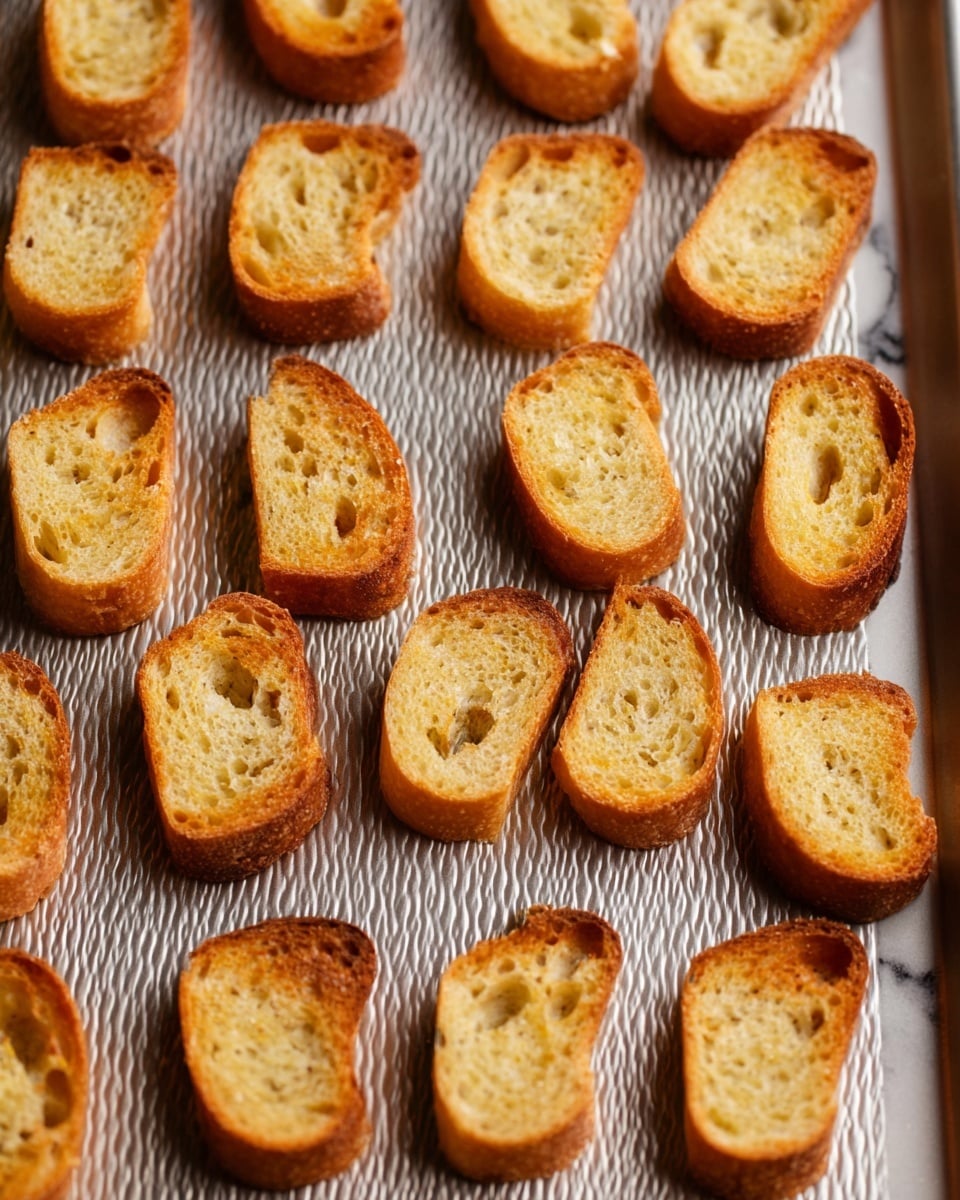 The image shows a baking sheet with many small toasted bread slices arranged in neat rows. Each slice is golden brown with a crispy texture, and the edges have a slightly darker toasted color. The bread surfaces have small holes and a soft airy inside visible through them. The baking sheet has a ribbed metal texture, and the background is a white marbled surface. Photo taken with an iphone --ar 4:5 --v 7
