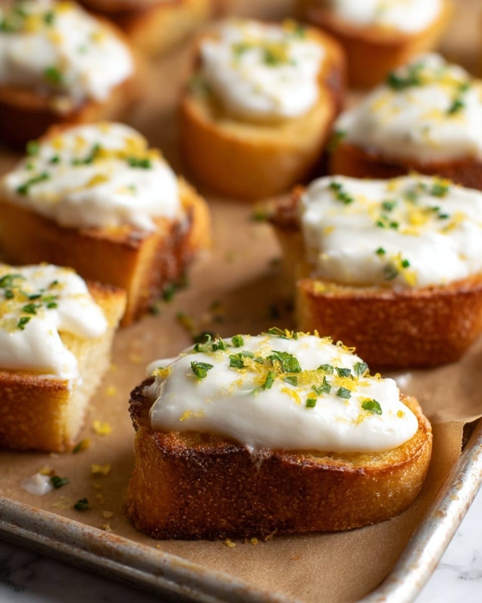 The image shows several small toasted bread pieces placed in rows on brown parchment paper atop a metal tray. Each piece of bread is golden brown and thick with a crispy texture, topped with a smooth, creamy white spread. The spread is garnished with small green herb flakes and tiny yellow zest bits, scattered unevenly on the surface. The toasted bread pieces are closely packed, with the focus on a few at the front, capturing their crunchy edges and soft cream topping detail against a white marbled background. Photo taken with an iphone --ar 4:5 --v 7