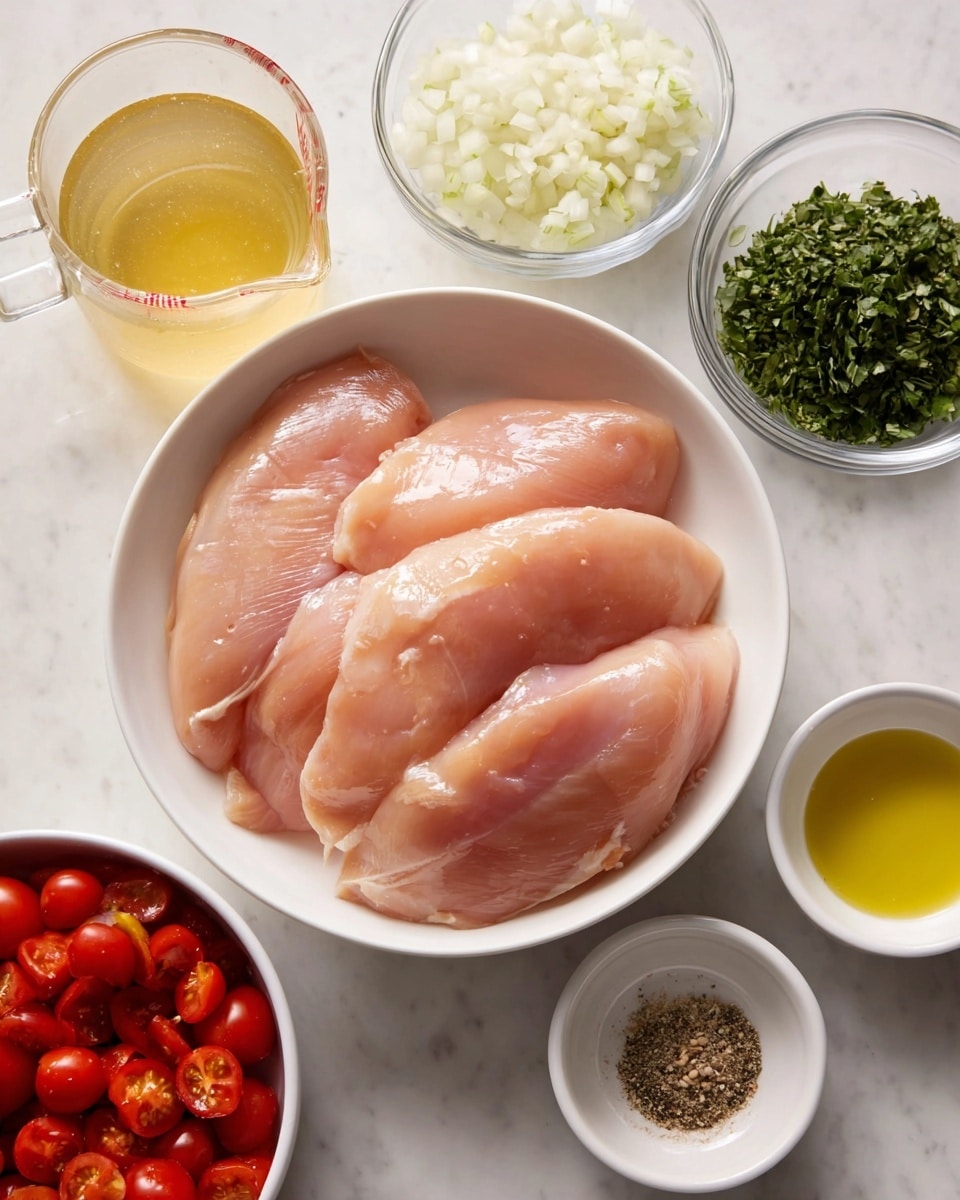 The image shows a white bowl in the center holding four pink raw chicken fillets overlapping each other with smooth, shiny skin. Surrounding the bowl are small white bowls with different ingredients: at the top right, chopped green herbs with a leafy texture; to the upper left, finely chopped white onions in a glass bowl; at the bottom left, a larger white bowl filled with red grape tomatoes, some whole and some sliced in half. Near the bottom right are three small white ramekins: one with yellow olive oil, one with minced garlic, and one with mixed ground spices including salt, pepper, and herbs. A clear glass measuring cup with light yellow broth is placed at the top left. All items sit on a white marbled surface. photo taken with an iphone --ar 4:5 --v 7