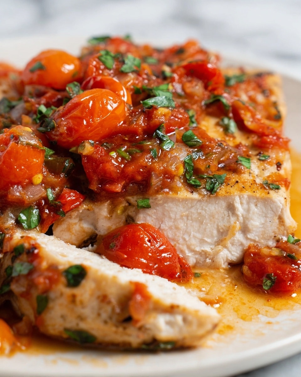 The image shows a close-up of cooked chicken pieces topped with a chunky tomato sauce. The chicken is light brown and slightly seared with a tender white inside visible on a sliced piece. On top, there are bright red, slightly cooked cherry tomatoes mixed with small bits of translucent onion and chopped green herbs scattered over the dish. The food rests on a white plate placed on a white marbled surface. photo taken with an iphone --ar 4:5 --v 7