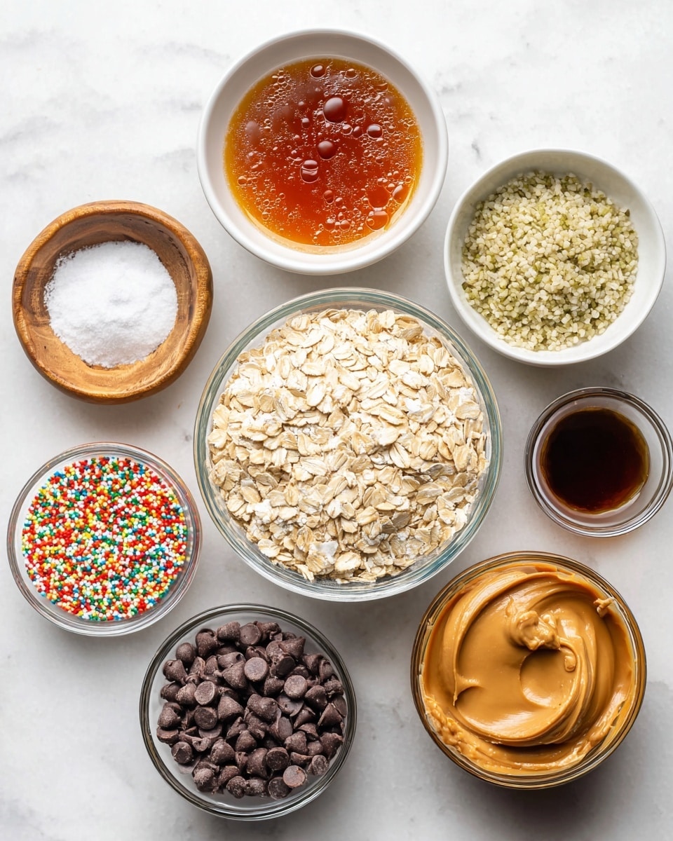 A top view of eight small bowls on a white marbled surface, each holding different ingredients. The largest bowl in the center is clear glass and filled with light beige rolled oats with a rough texture. Above it, a white bowl has a smooth, shiny dark amber liquid with bubbles on top. To its right, another white bowl is filled with small, light green and beige seeds with a grainy texture. Next to it, a small clear glass bowl holds colorful, long round sprinkles in red, yellow, green, white, silver, and orange. On the left side, a small brown wooden bowl contains coarse white salt crystals. Below the oats, there is a white bowl filled with small dark brown chocolate chips with a matte finish. Next to that is a clear glass bowl of smooth, creamy light brown peanut butter with swirls. Finally, a small clear glass container at the bottom right holds a dark brown liquid. photo taken with an iphone --ar 4:5 --v 7