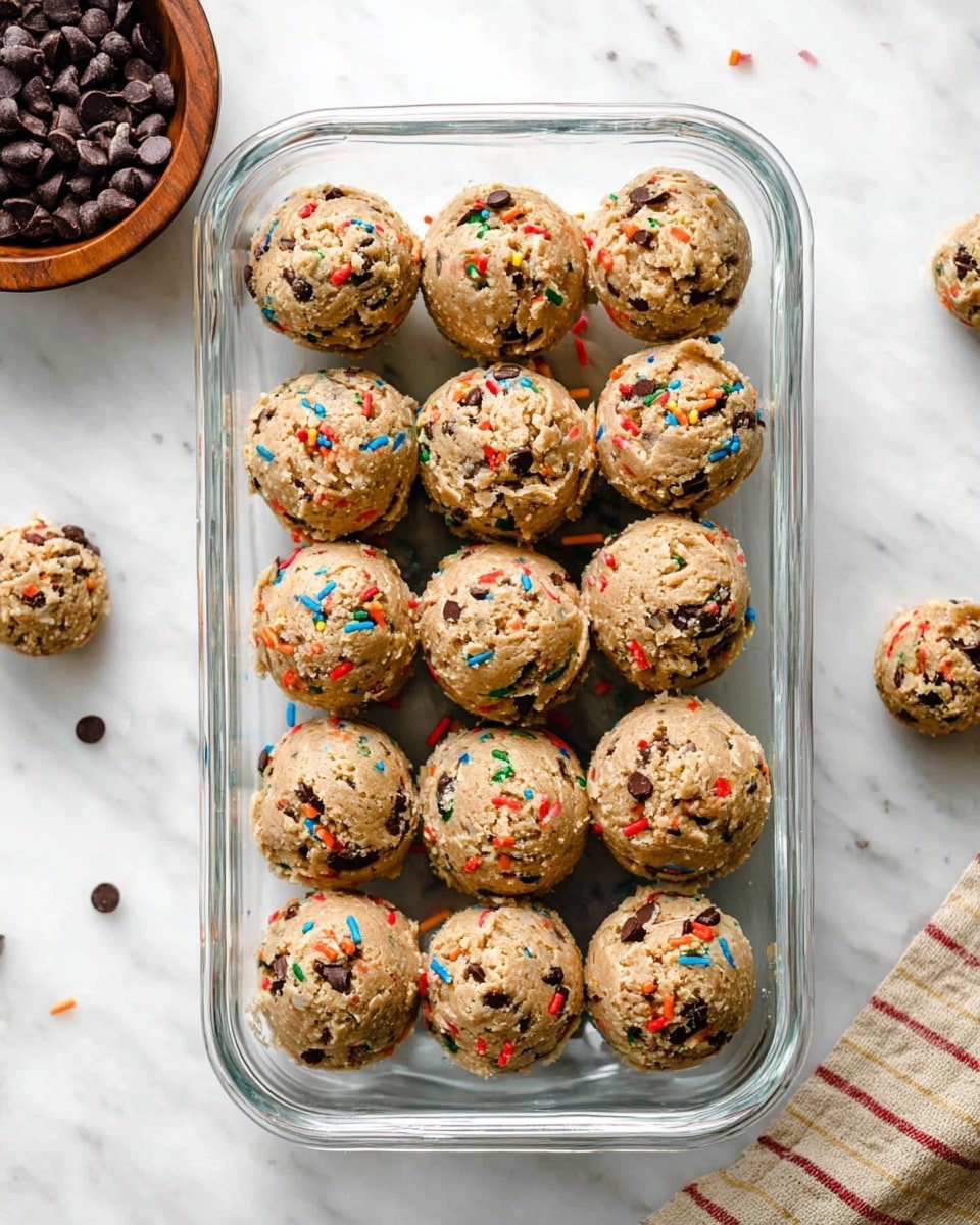 A clear glass rectangular container holds twelve round scoops of cookie dough, each scoop light brown with visible bits of colorful sprinkles and dark chocolate chips, showing a rough textured surface. The container is placed on a white marbled surface with some loose chocolate chips and cookie dough balls around it, and a wooden bowl of chocolate chips can be seen in the upper left corner. The cookie dough appears thick and studded with small, irregular pieces inside and out. photo taken with an iphone --ar 4:5 --v 7