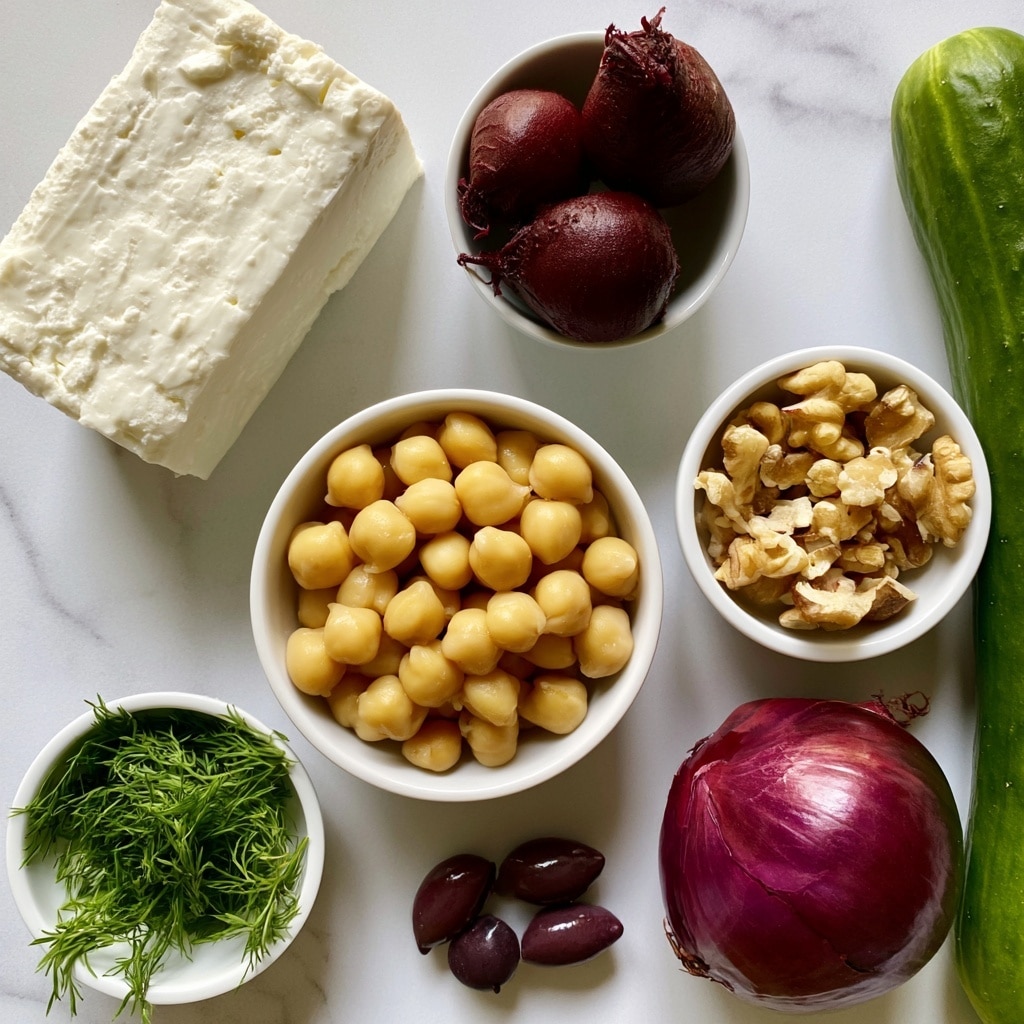 The image shows seven ingredients arranged on a white marbled surface: a large block of white feta cheese on the top left, a small white bowl with three whole dark red beetroot above center, a medium white bowl filled with whole light yellow chickpeas in the center, a small white bowl with broken pieces of light brown walnuts on the right of chickpeas, a small white bowl with bright green dill leaves on the left bottom, a small white bowl with dark purple olives near the bottom center, a shiny red onion next to a long green cucumber on the right side. Photo taken with an iphone --ar 4:5 --v 7