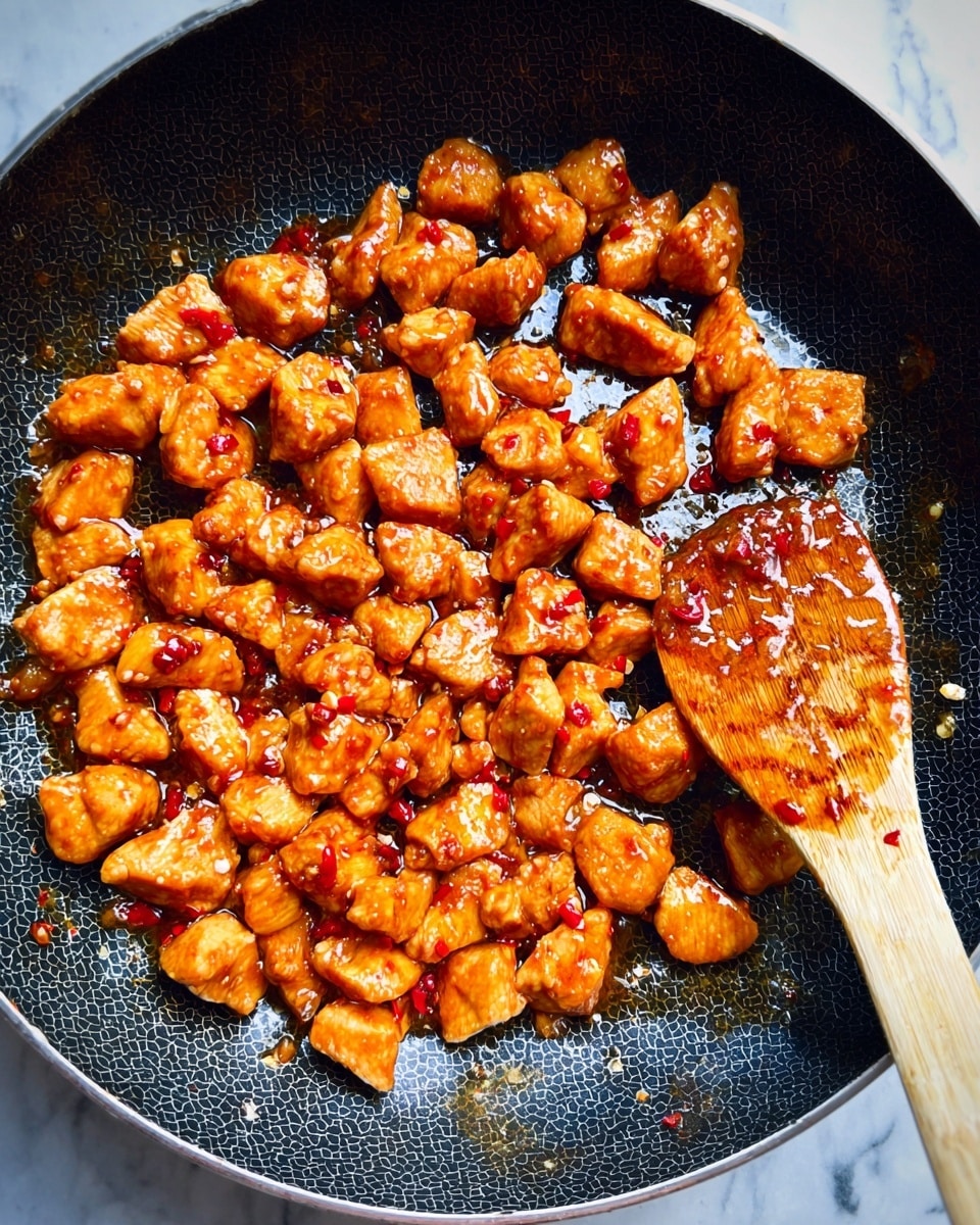 The image shows many small, orange pieces of cooked chicken coated in a shiny, sticky sauce with visible red pepper bits, all spread evenly in a black frying pan with a subtle hexagon pattern on its surface. A wooden spoon with sauce stains is resting on the right side of the pan, partially in the chicken mix. The background under the pan is a white marbled texture. photo taken with an iphone --ar 4:5 --v 7