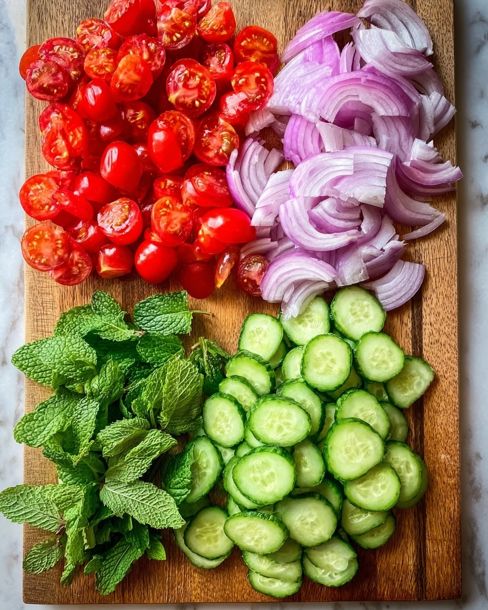 The image shows a wooden board with four separate piles of fresh, sliced vegetables and herbs. In the top left corner, there are bright red grape tomatoes, cut in halves, showing their juicy insides. To the right of the tomatoes are thin slices of purple onion, neatly stacked. Below the onions, towards the bottom right, is a pile of green cucumber slices, each showing the light green inside and seeds. In the bottom left corner, there are fresh, green mint leaves with visible veins and texture. The background is a white marbled texture. Photo taken with an iphone --ar 4:5 --v 7