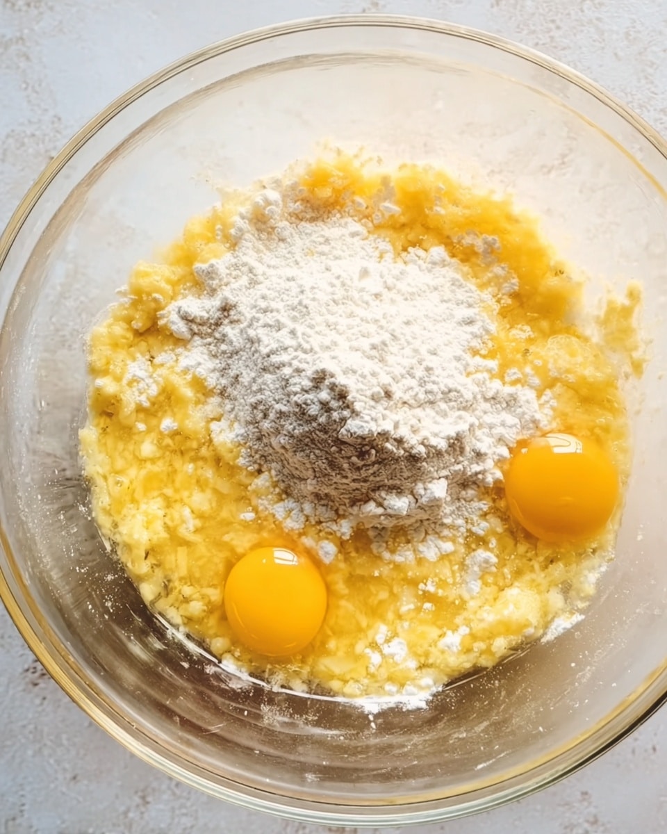 A clear glass bowl holds a mixture of raw ingredients layered on a white marbled surface. At the center is a mound of white flour with a powdery texture. Surrounding the flour is a thick, pale yellow layer of mashed banana with small chunks visible. On the top right and bottom left there are two whole raw eggs, each with a bright yellow yolk and clear egg white around them. The glass bowl's edges reflect the light softly, showing the bowl's round shape and transparency. photo taken with an iphone --ar 4:5 --v 7