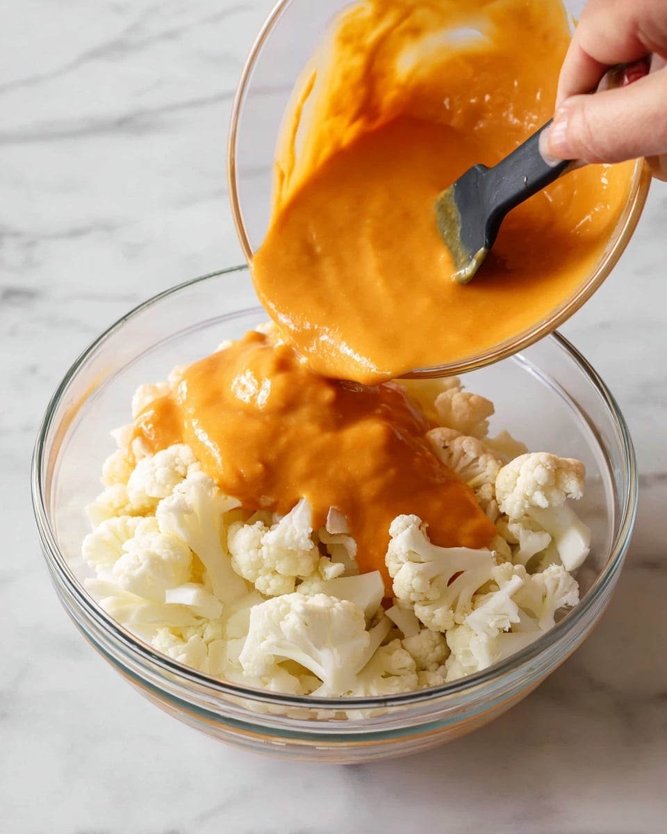 A clear glass bowl holds a layer of white cauliflower florets at the bottom, showing their slightly bumpy texture. On top, a thick, smooth, bright orange sauce is being poured from another clear glass bowl held by a woman's hand on the left, while a black spatula held by a woman's hand on the right guides the sauce. The bowl rests on a white marbled surface. photo taken with an iphone --ar 4:5 --v 7